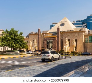 Dubai, UAE - 09.22.2021 Entrance to Wafi center souq made in traditional egyptian style