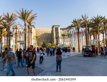 Dubai, UAE - 10.15.2021 Visitors At The Entrance To The EXPO 2020 Al Wasl Dome. Event