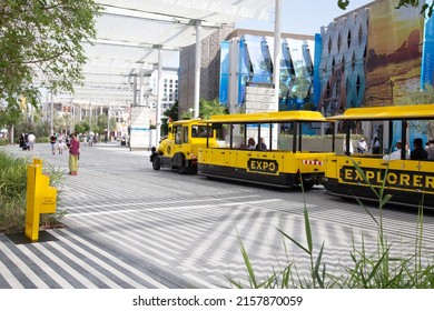 Dubai, Dubai, UAE 11 27 2021 yellow train tram explorer out of focus with grain