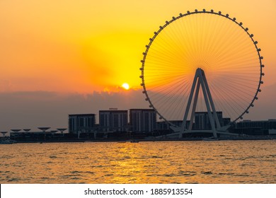 Dubai, UAE – 12 10 2020: Amazing Sunset Colors Over The Sea View To The Ain Dubai, Giant Ferris At Bluewaters Island  Close To JBR Beach. Dubai Eye Fits Perfect To Modern UAE Skyline