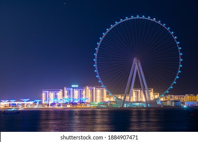 Dubai, UAE – 12 11 2020: Amazing Sunset Colors Over The Sea View To The Ain Dubai, Giant Ferris At Bluewaters Island  Close To JBR Beach. Dubai Eye Fits Perfect To Modern UAE Skyline.