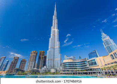 Dubai, UAE, 14 April 2020: Empty Streets During COVID-19 Quarantine. Financial Crisis For Tourism. Amazing Panoramic View Of Burj Khalifa Is The Tallest Building In Dubai And In The World