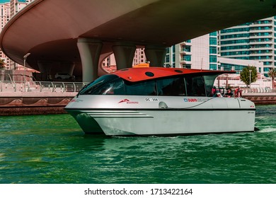 Dubai, UAE. 15.11.2019. Marina walk JBR Beach Sea water font tall buildings. Urban Arabian architectural excellence. Dubai RTA Boat