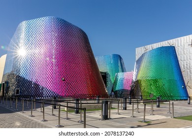 Dubai, UAE, 15.11.2021. Pakistan Pavilion At Expo 2020 Dubai, Colorful Shiny Glass Modern Building With Glass Tiles Facade.