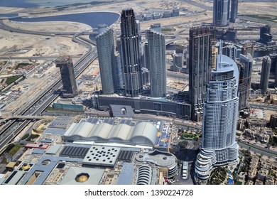 Dubai, UAE - 16 April 2019: Looking Down To A Skyscraper City View At The Top Of Burj Khalifa