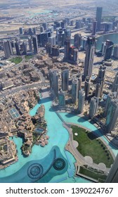 Dubai, UAE - 16 April 2019: Looking Down To A Skyscraper City View At The Top Of Burj Khalifa