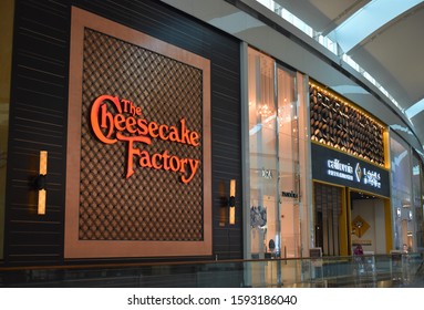 Dubai, UAE - 19 December 2019: A Large Illuminated Sign At The Cheesecake Factory In The Festival City Mall In Dubai