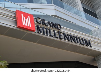 Dubai, UAE, 22-09-2019. Picture Of Grand Millennium Hotel Facade And Logo. Millennium & Copthorne Hotels Plc Is A Global Hospitality Management And Real Estate Group, With 120 Hotels In 79 Locations. 