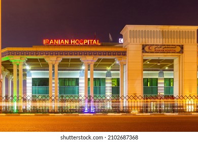 Dubai, UAE, 24.09.21. Iranian Hospital In Dubai, Persian Architecture Building With Blue Tilework And Persian Ornaments, Oldest Hospital In Dubai, Night View With Illuminations.