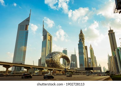 Dubai, UAE, 25 November 2020: The Museum of the Future Dubai in the evening. The iconic building of Dubai. To be ready for the 2021 universal exhibition with Arabic poetry on its exterior.