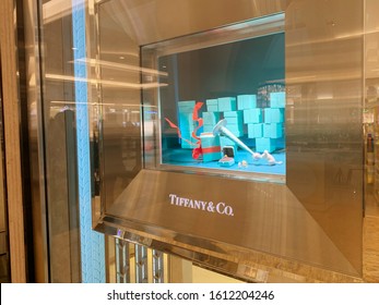 dubai - uae , 9 - 1 - 2020 : luxury brand Tiffany and co  store at Fashion Avenue emirates mall at dubai . Tiffany & Company is an American luxury jewelry and specialty retailer.