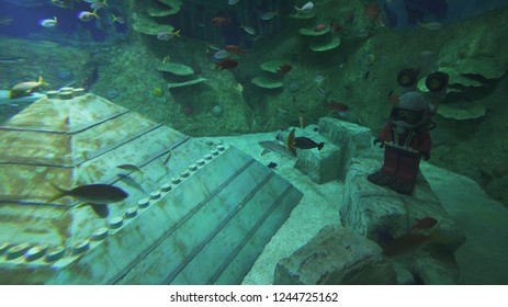 Dubai, UAE - April 01, 2018: Adventure on a submarine in Legoland at Dubai Parks and Resorts