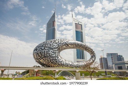 DUBAI, UAE – APRIL 15, 2021: Sheikh Zayed Road, View On Museum Of The Future, Jumeirah Emirates Towers Hotel, DIFC