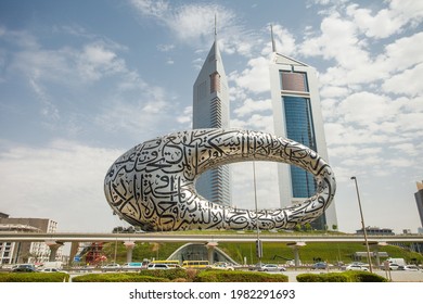 Dubai, UAE - April 15, 2021: View Side Museum Of The Future, Sheikh Zayed Road, Jumeirah Emirates Towers Hotel