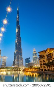 Dubai, UAE - April 15, 2021: Dusk view of the Burj Khalifa and the downtown area.