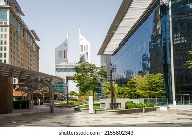 Dubai, UAE - April 17, 2022: DIFC Gate Avenue, ICD Brookfield Place, Jumeirah Emirates Towers.