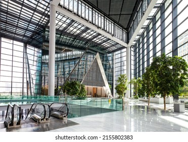 Dubai, UAE - April 17, 2022: DIFC Gate Avenue, ICD Brookfield Place, Interior Growing Trees.