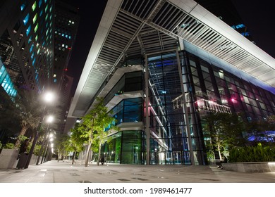 Dubai, UAE - April 18, 2021: Night View Gate Avenue, ICD Brookfield Place