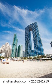 Dubai, UAE - April 22, 2022: Address Jumeirah Resort, Sandy Beach, Vertical Frame.