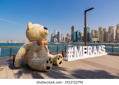 DUBAI, UAE - APRIL 5, 2020: Meraas hashtag sign of A Dubai Based Holding Company on Bluewaters Island, Dubai Marina, Dubai, United Arab Emirates