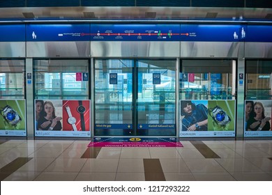 Dubai, UAE - August 17 2018: Dubai Metro Platform With Women And Children Cabin Sign. 