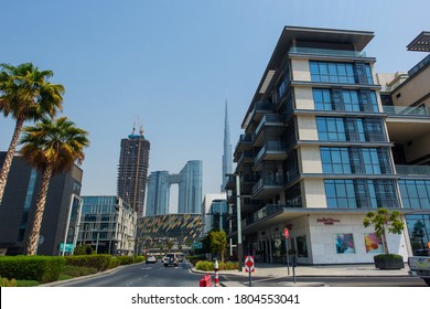 Dubai, UAE, August 20, 2020. City Walk. Modern Touristic And Residential Area In Dubai. Burj Khalifa On The Background. 