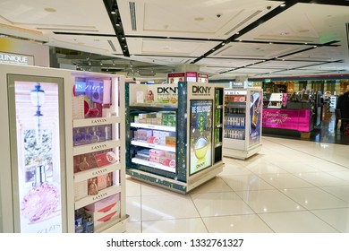 DUBAI, UAE - CIRCA JANUARY, 2019: perfumes on display in Duty Free at Dubai International Airport.