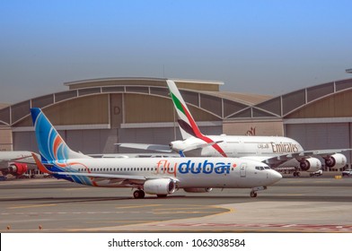 Dubai, UAE. Circa March 2018. Dubai Airport Is A World Major Transport Hub With Capacity Of 60 Million Passengers And 2.1 Million Cargo Yearly. It's Home Of Emirates Airlines And Fly Dubai.