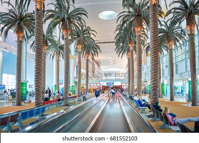 DUBAI, UAE - CIRCA MAY, 2014: moving walkway at Dubai International Airport.