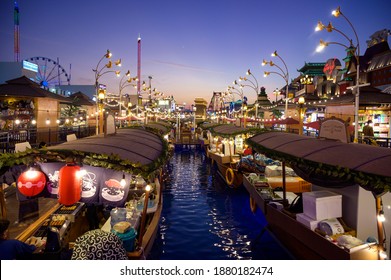 Dubai UAE, DEC 16 2020 Beautiful View Of The Bangkok Floating Markets Selling Exotic Thai Food In The Park Entertainment Center  Captured In The Sunset Time At The Global Village, Dubai ,UAE.