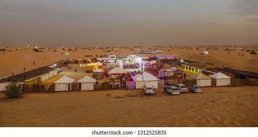 Dubai, UAE - Dec 5, 2018. Bedouin Camp On The Dubai Desert At Sunset. Camping Is One Of The Attractive Nightlife In Dubai.