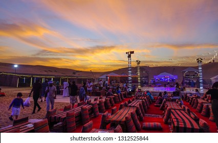 Dubai, UAE - Dec 5, 2018. Bedouin Camp On The Dubai Desert At Sunset. Camping Is One Of The Attractive Nightlife In Dubai.