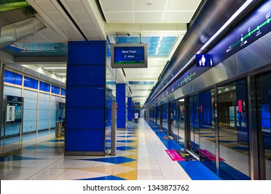 Dubai, UAE - Dec 5, 2018. Interior of metro station in Dubai. Until 2016, the Dubai Metro was the world longest driverless metro network (75km).