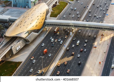 DUBAI, UAE - DECEMBER 11, 2015: Aerial view of Sheikh Zayed road in Dubai with some traffic. 