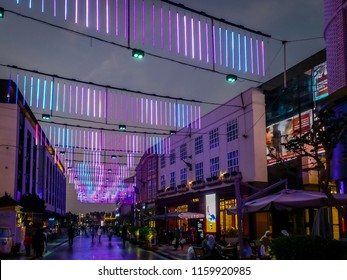 Dubai, UAE - December 27, 2017: Dubai Epic Neon Light Interior Design Of The Dubai City Walk At Night