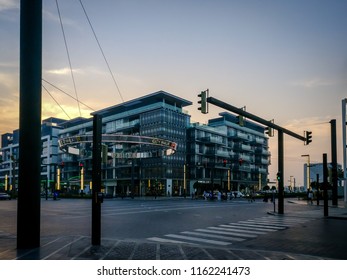 Dubai, UAE - December 27, 2017: Dubai City Walk Streets, Outdoor Stores And Cafes At Sunset