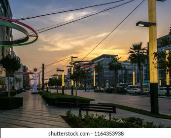 Dubai, UAE - December 27, 2017: Dubai City Walk Streets, Outdoor Stores And Cafes At Sunset