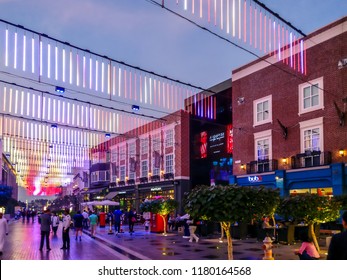 Dubai, UAE - December 27, 2017: Dubai Epic Neon Light Interior Design Of The Dubai City Walk At Night