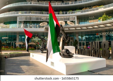 Dubai / UAE - December 3, 2019: UAE National Flags In Front Of Dubai Mall. UAE National Day. Flag Day.