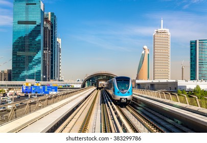DUBAI, UAE - DECEMBER 31: A metro train on the Red line in Dubai on December 31, 2015. The trains are manufactured by Kinki Sharyo