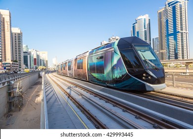 DUBAI, UAE - DECEMBER 5: New modern tram in Dubai, UAE. December 5, 2015 in Dubai, United Arab Emirates