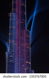 DUBAI, UAE / FEB 2018: Close Up Of Burj Khalifa Light Show Display. 