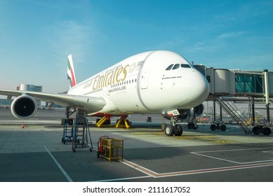 DUBAI, UAE - FEBRUARY 02, 2020: The Airbus A380-800 of Emirates Airline in the international airport Dubai on the sunny morning