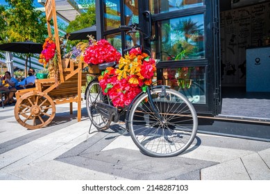 Dubai, UAE. February 10, 2022. Bicycle with flowers decoration outside restaurant on sunny day, Vintage bike with bouquet flowers at café