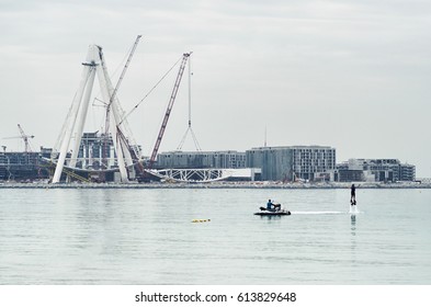 DUBAI, UAE - FEBRUARY 16, 2017: Flyboard Near Bluewaters Island