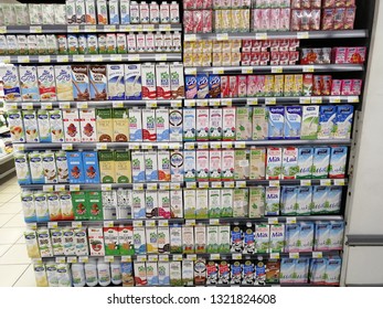 Dubai, Uae - February 16,2019 : UHT Procced Long Life Milk Displayed In Carrefour Marina Crown Dubai. 