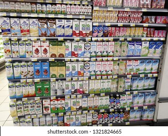 Dubai, Uae - February 16,2019 : UHT Procced Long Life Milk Displayed In Carrefour Marina Crown Dubai. 