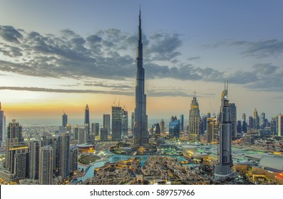 DUBAI, UAE - February 18: Burj Khalifa the tallest building in the world. Dubai Downtown cityscape. Dubai evening skyline, busy roads, sunset on February 18, 2017 in Dubai.