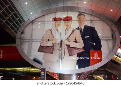 Dubai, UAE - February 19, 2015: 
Giant Emirates Airlines Hello Tomorrow Billboard Outside Dubai International Airport. 