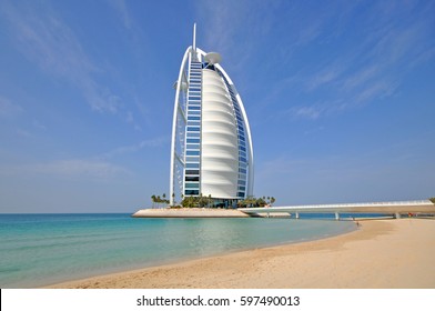 DUBAI, UAE - FEBRUARY 19, 2017: Burj Al Arab in Dubai, as seen on February 19, 2017. It is a 7-star hotel built on an artificial island and is the fourth tallest hotel in the world.